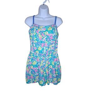 Vintage 80s Bright Floral Skirted Swimsuit Swim Womens 16 Blue Pockets